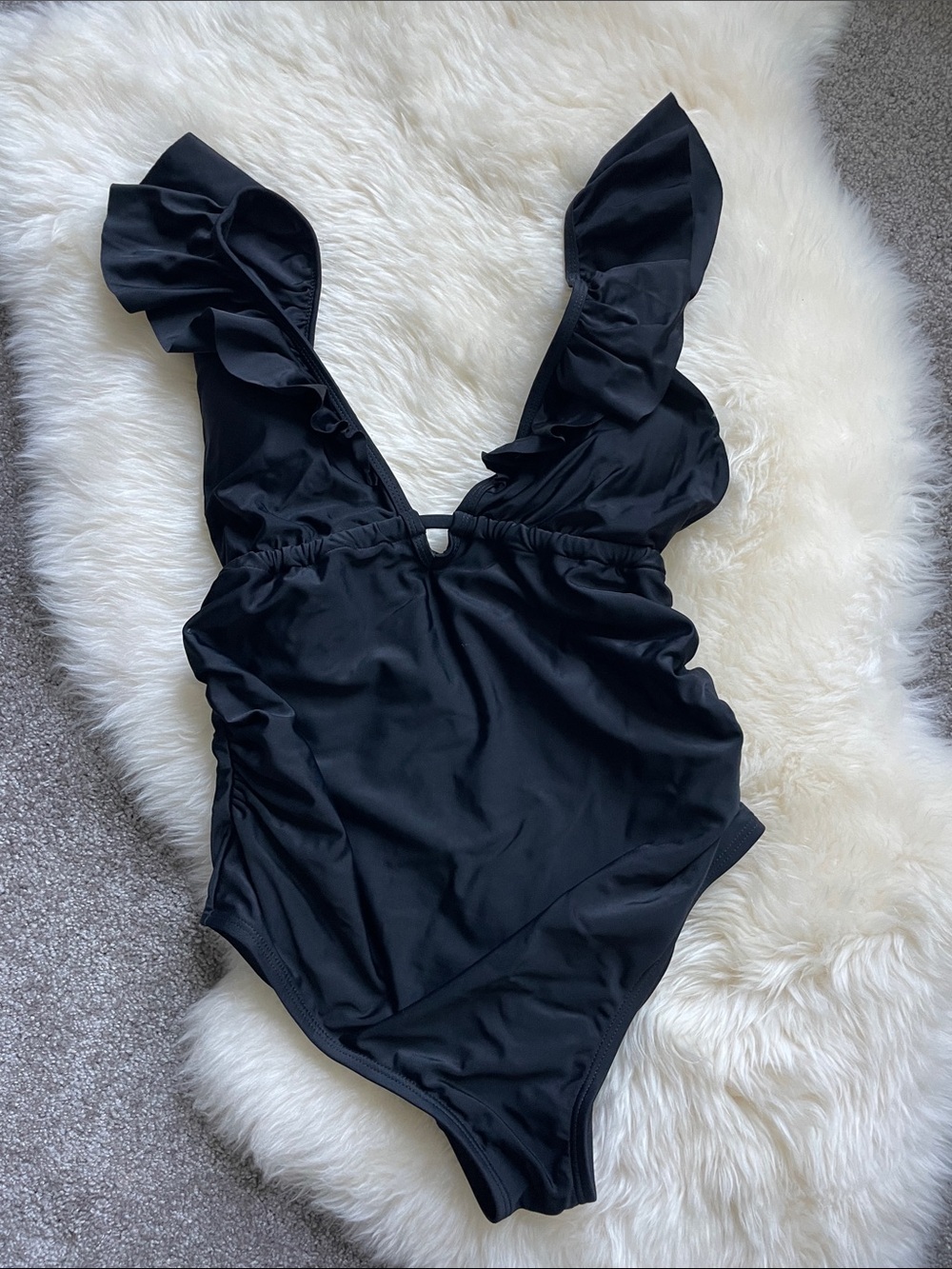 Pinkblush Black V-Neck One-Piece Maternity Swimsuit with Ruffle Straps
